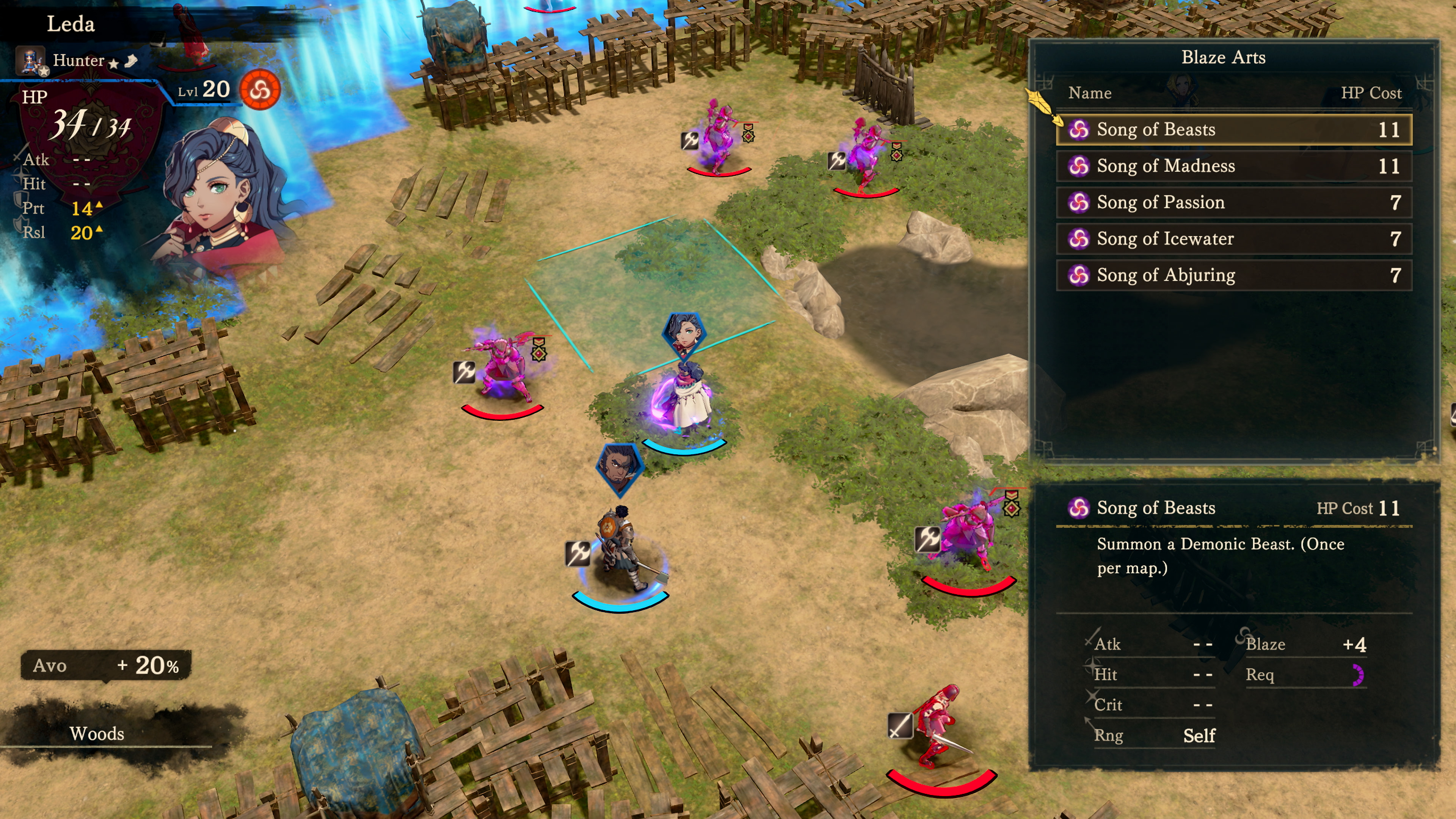 The Blaze Arts menu open for Leda, listing five Song arts and their HP costs beside a grid battle map