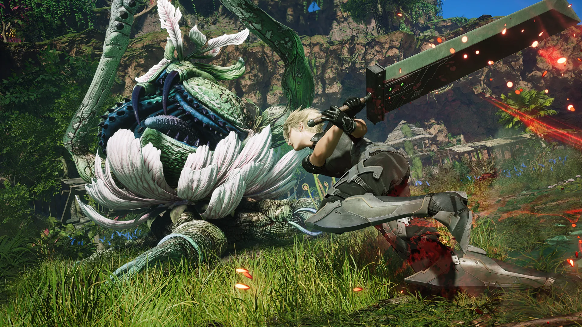 Cloud Strife strikes with his broadsword in battle in Final Fantasy VII Revelation
