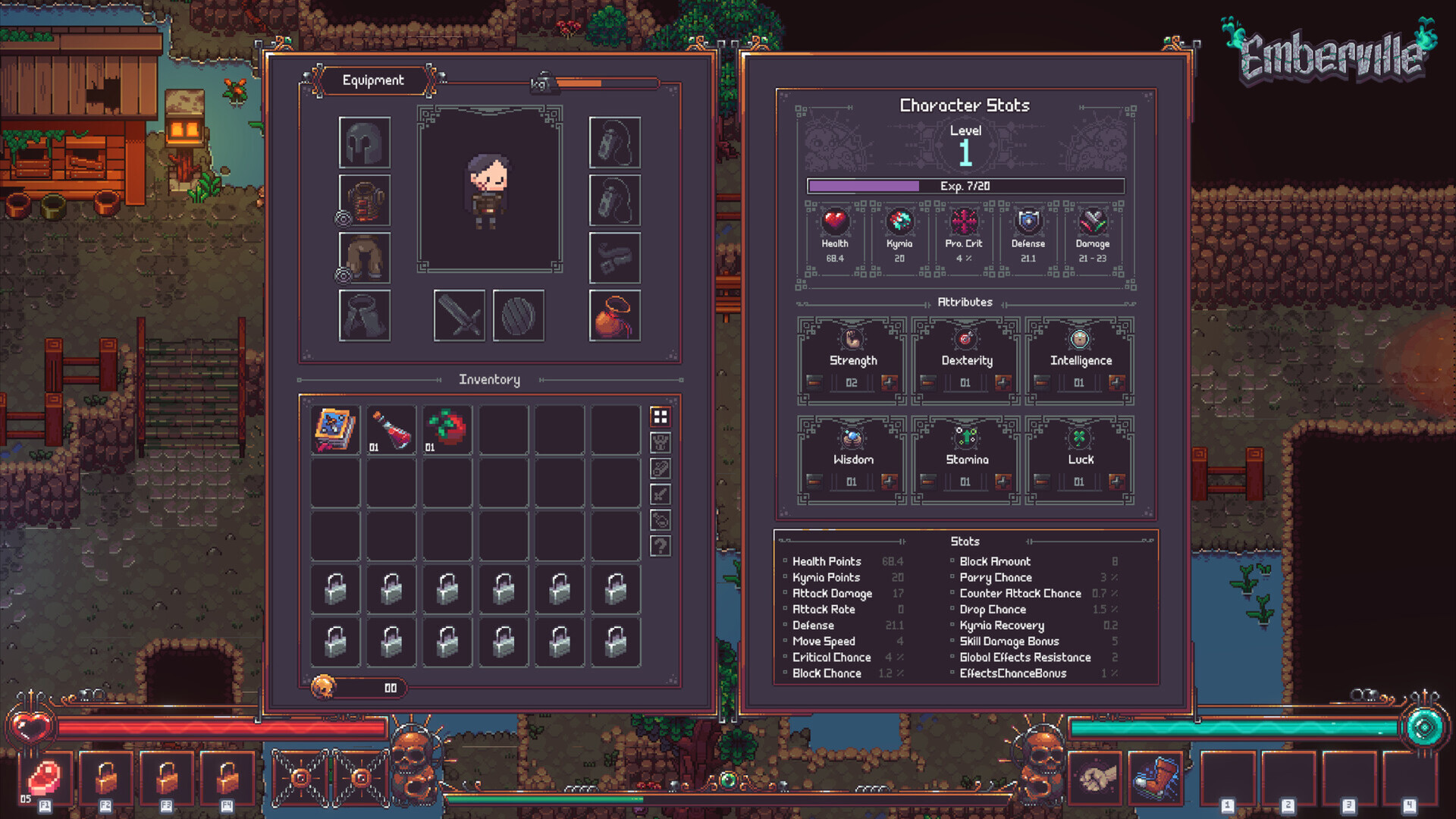 The equipment, inventory and character stats screens