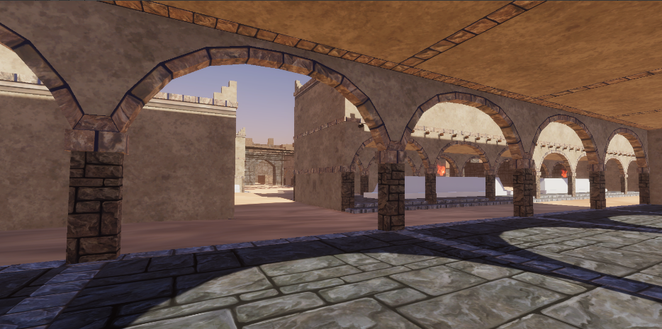In development view of a long arcaded market colonnade inside a stone city