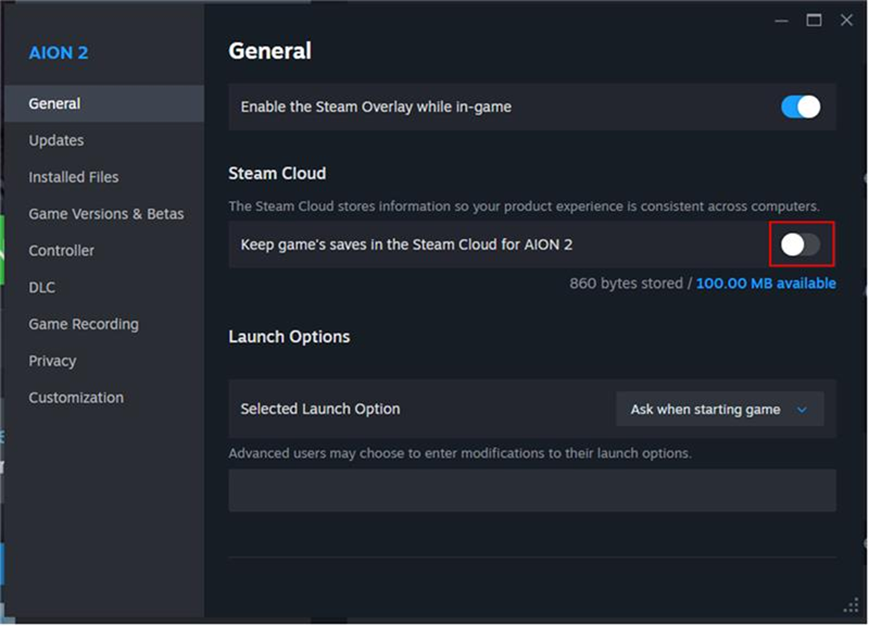 AION 2 Properties in Steam with the Steam Cloud switch turned off