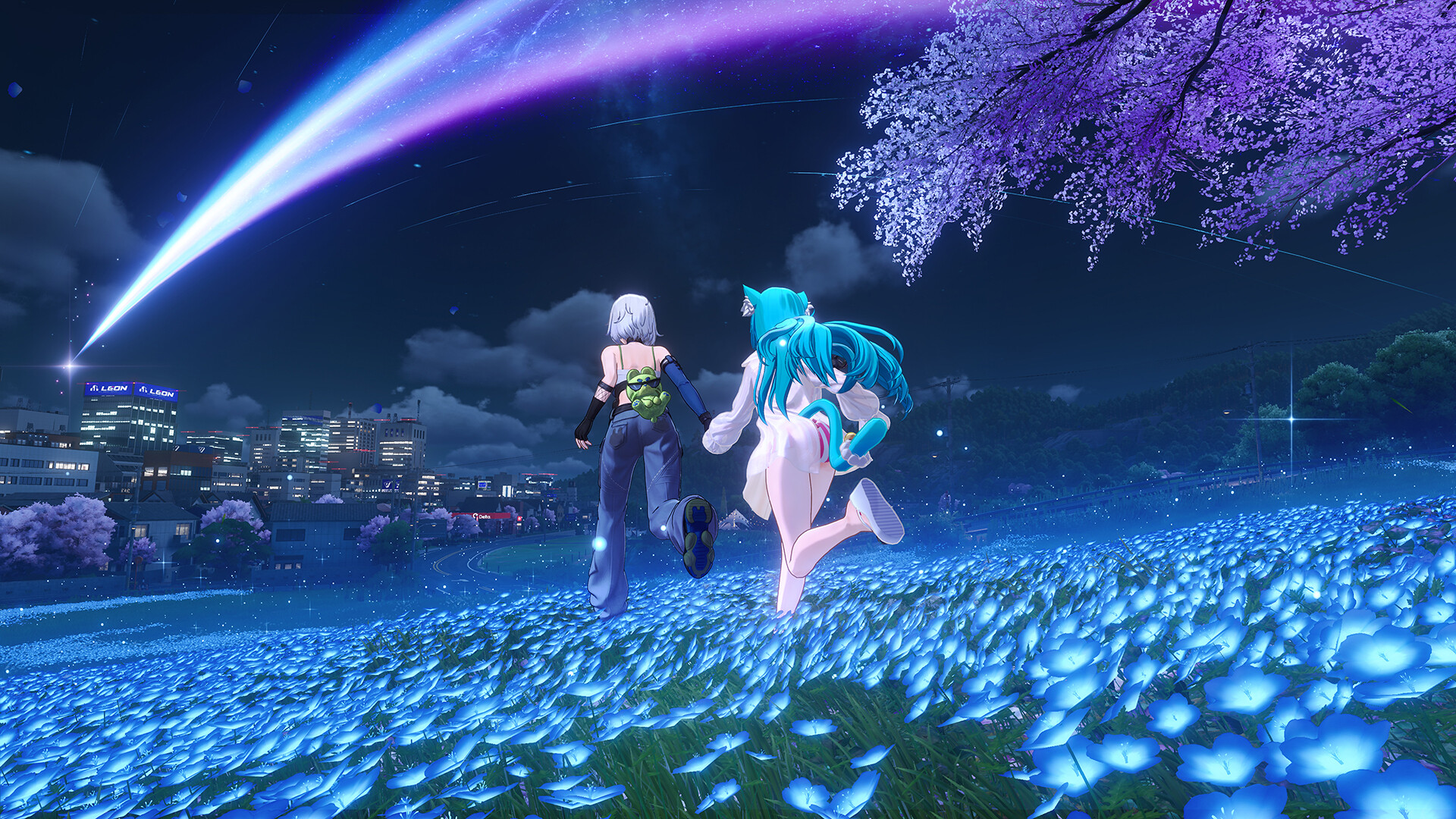 Two characters running through a glowing blue flower field at night beneath a comet