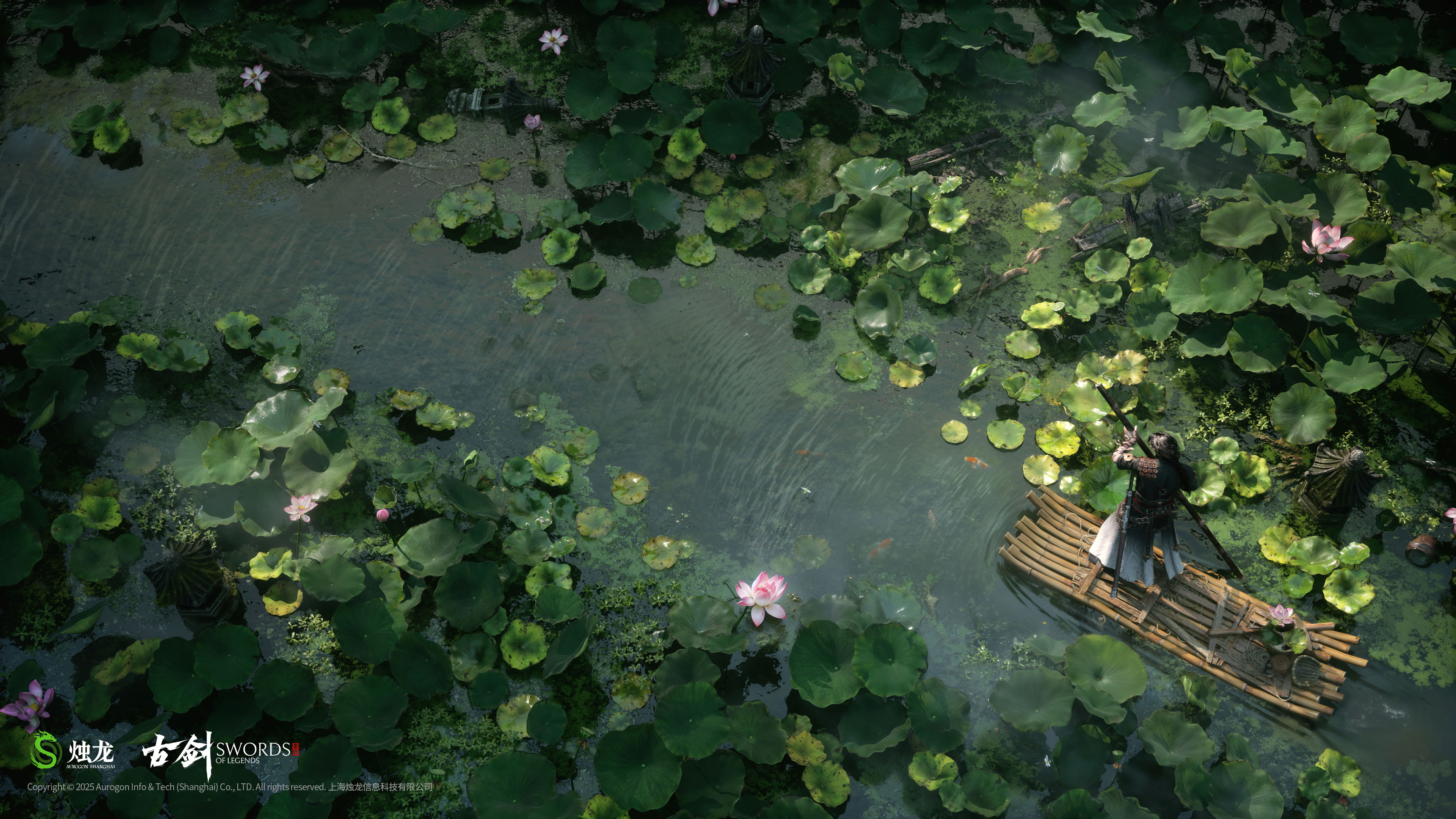 A lotus pond seen from above, lily pads packed to the banks as the player character poles a raft between them.