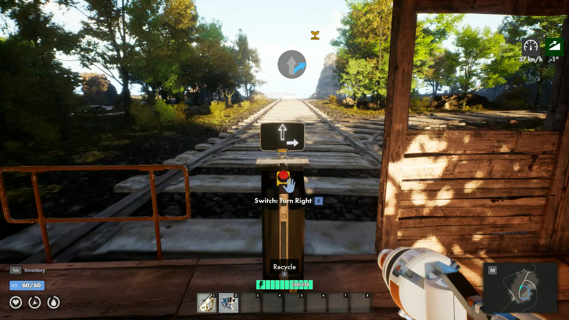 First-person view of a railway junction in Railborn with a track-switch prompt to turn right