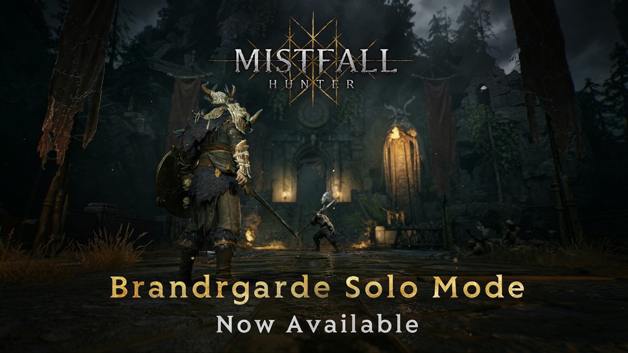The official Brandrgarde Solo Mode Now Available card from September 3, 2026: a lone hunter with a round shield and a straight sword walks toward a torchlit stone gateway hung with tattered red banners in Brandrgarde, an enemy crouched ahead beneath a hanging burning effigy