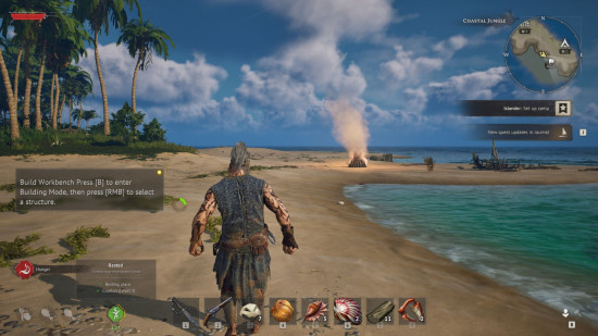 Beach camp with a bonfire at sunset in Windrose