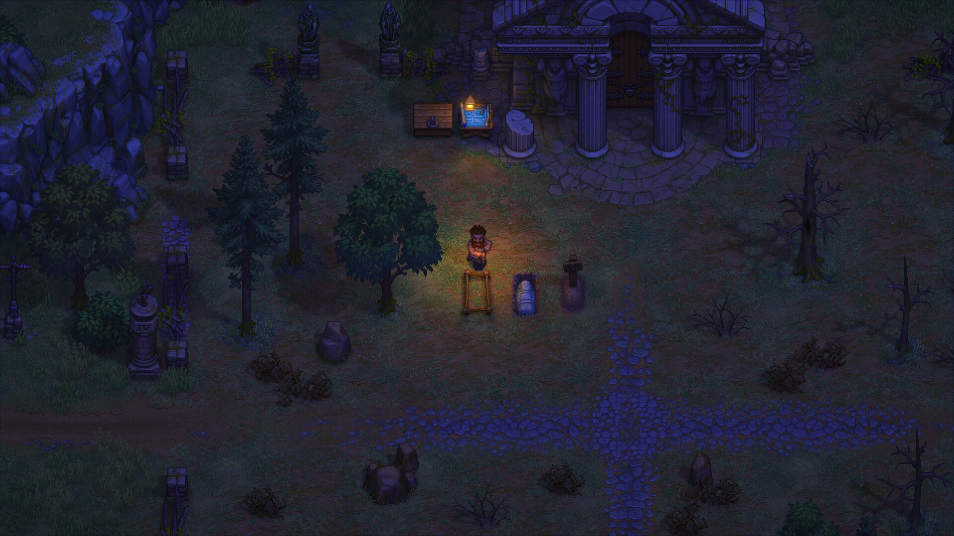 Graveyard Keeper 2 demo screenshot of the graveyard at night, with the Keeper standing over a wrapped body beside a wooden grave surround, a blueprint easel and chest by the columned mausoleum, and a numbered stone column nearby