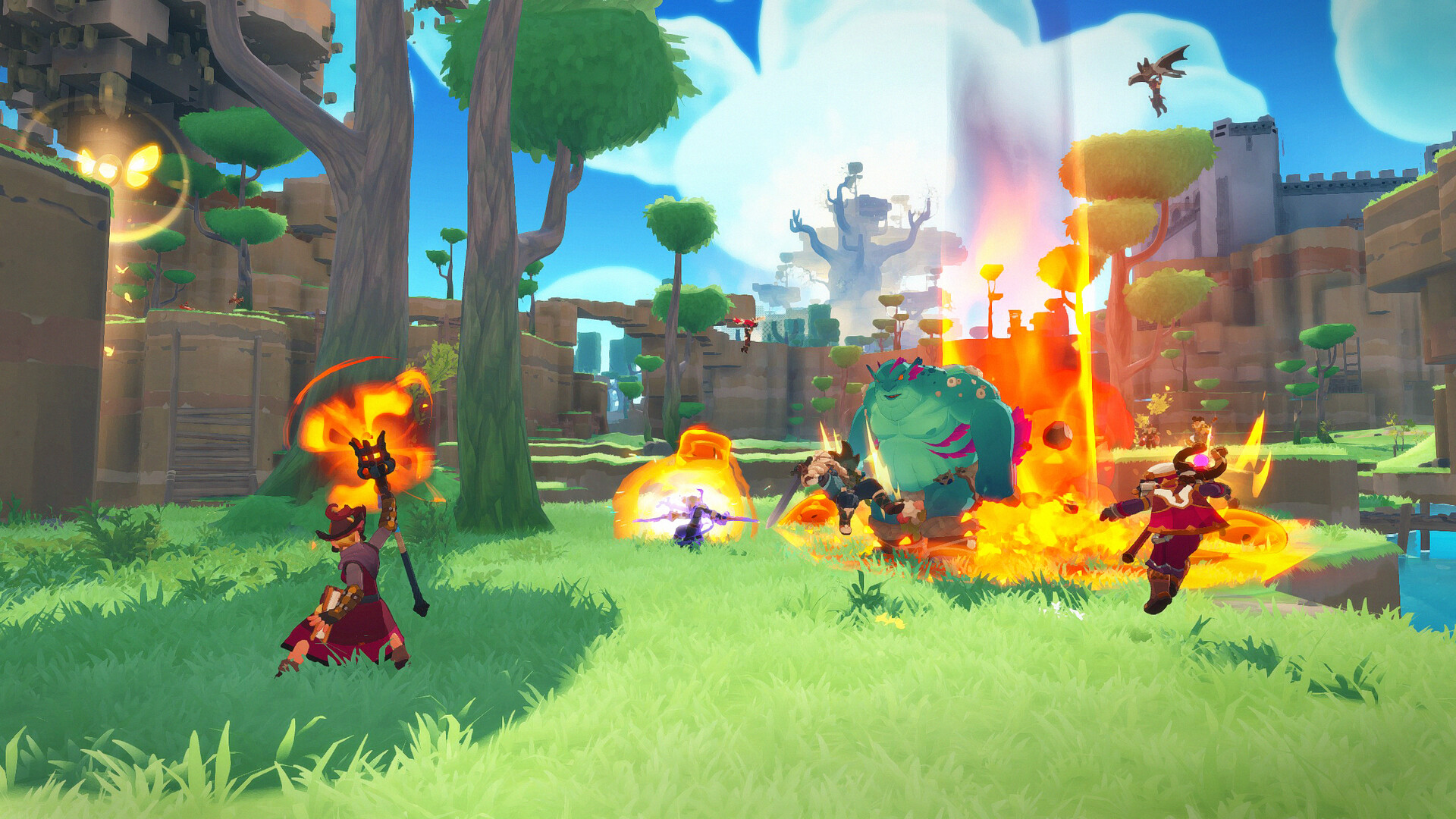 A party fighting a large enemy with fiery weapon skills in a green region of Siagarta.