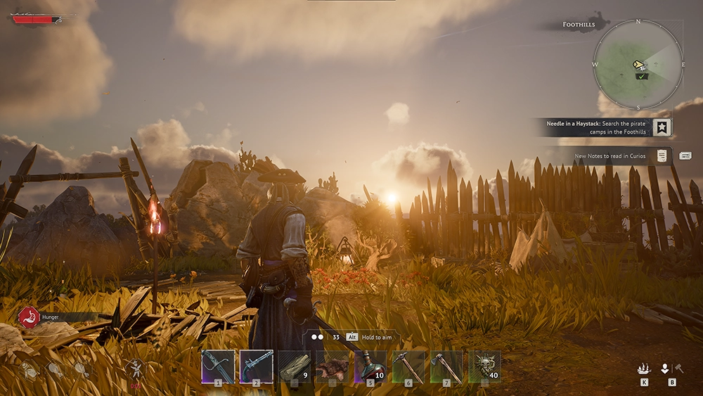 Windrose Highlands biome at sunset with rocky terrain