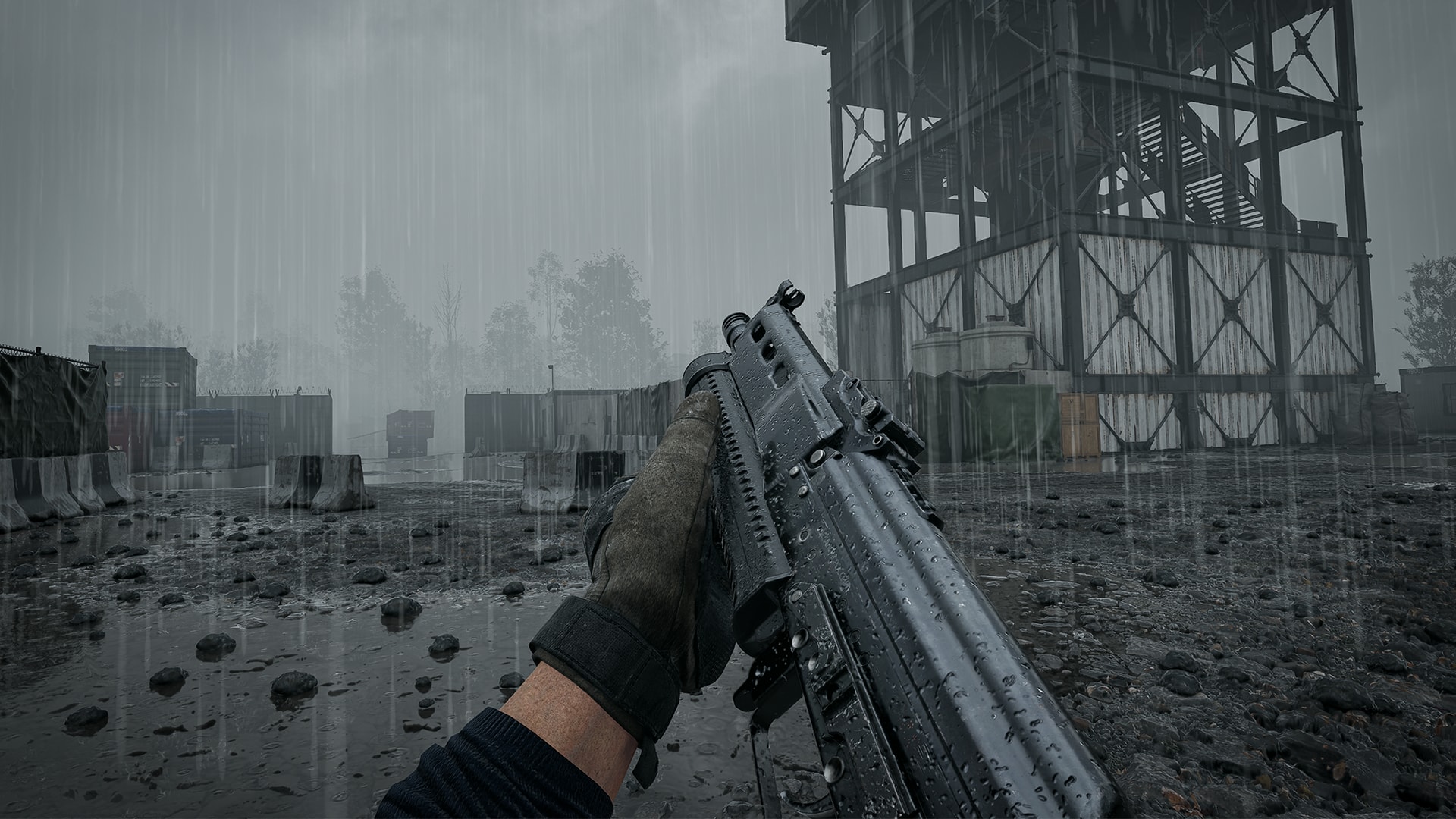 First-person view of the PP-19 Bizon submachine gun with its ribbed cylindrical magazine, held in the rain below an industrial tower in WARDOGS