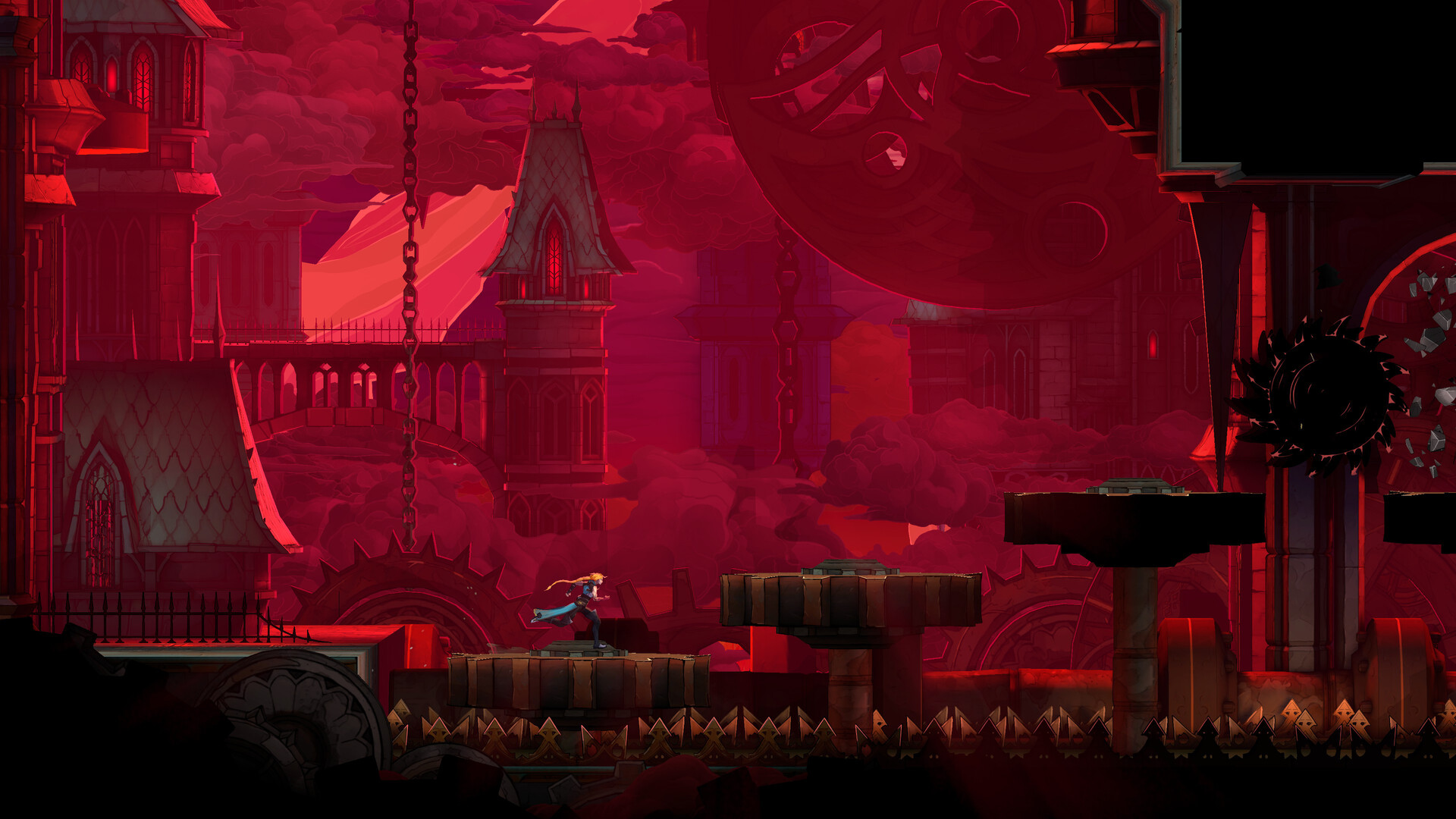 Rose runs through a crimson-lit Gothic district past a spinning saw blade and a spiked floor