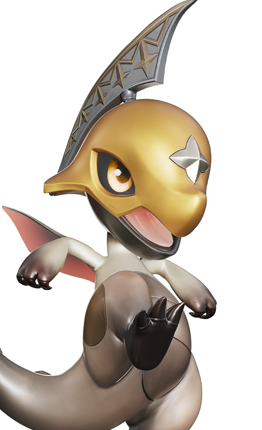 Official full-body artwork of the Aniimo Helmwhelp in its Mountain Form, a Wind element Break role creature