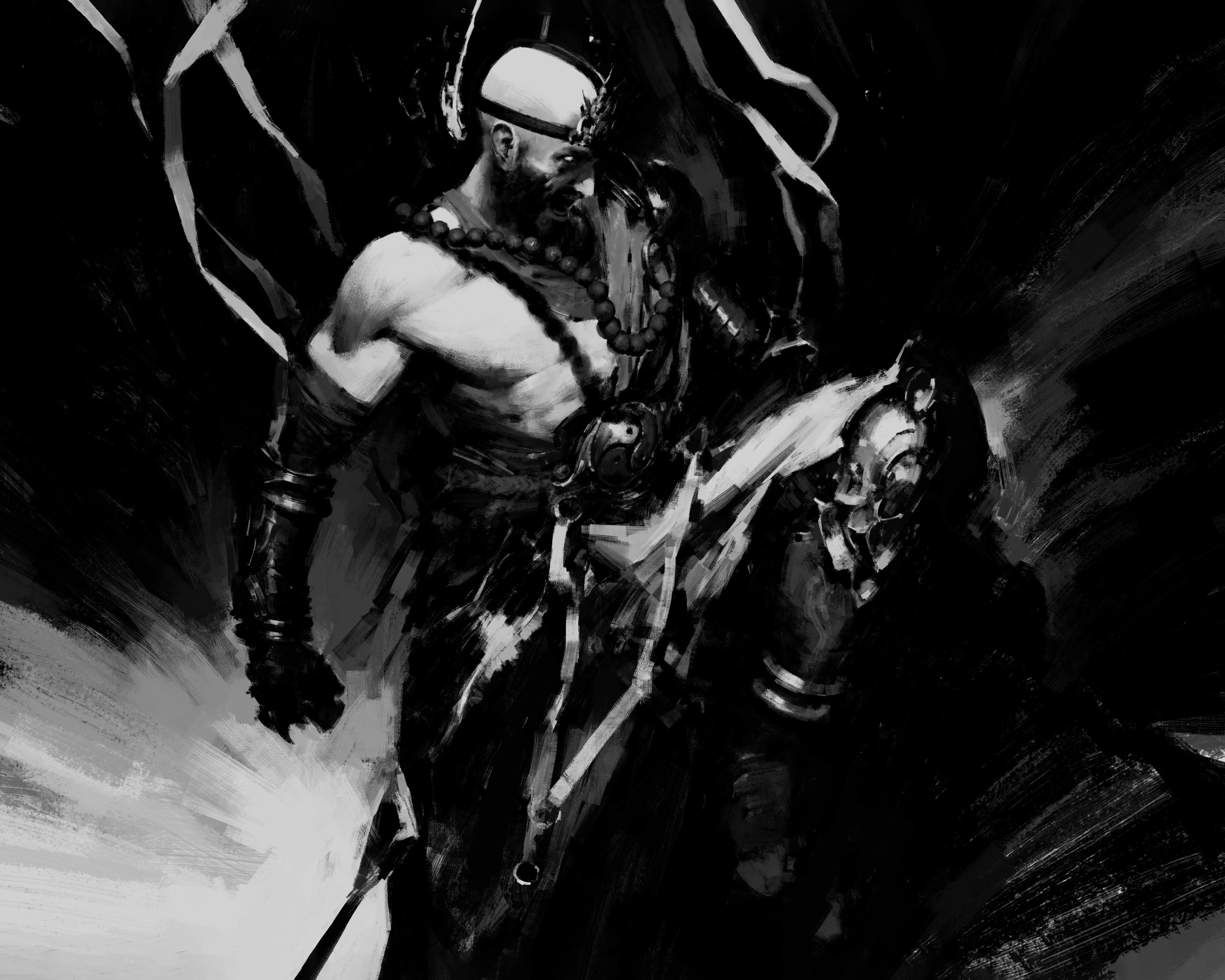 Black-and-white concept sketch of the Monk, a bearded, bare-chested fighter with prayer beads and a wrapped fist