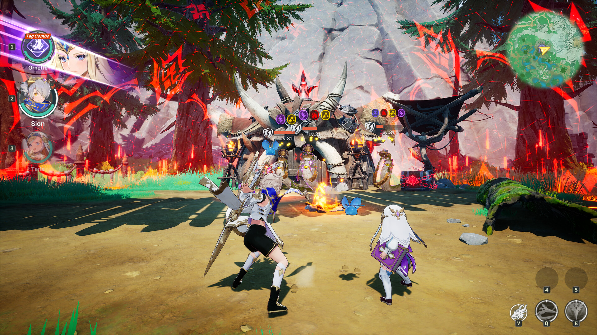 A battle at an enemy camp in a red-lit forest in DragonSword : Awakening, with the party bar showing Ornette, Sion, and Tarte and several level 31 enemies carrying stacked ailment icons