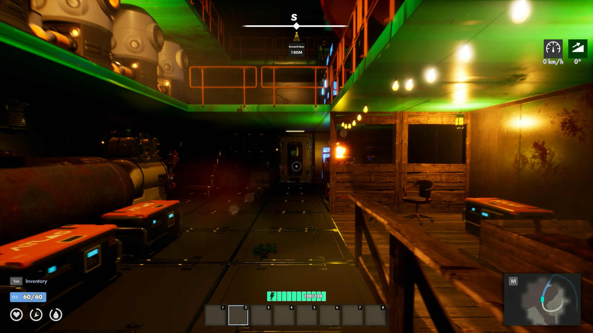 The interior of an abandoned Atlas research base in Railborn, lit green and amber, with catwalks, a sealed circular door, Atlas-branded crates and a makeshift timber office built inside.
