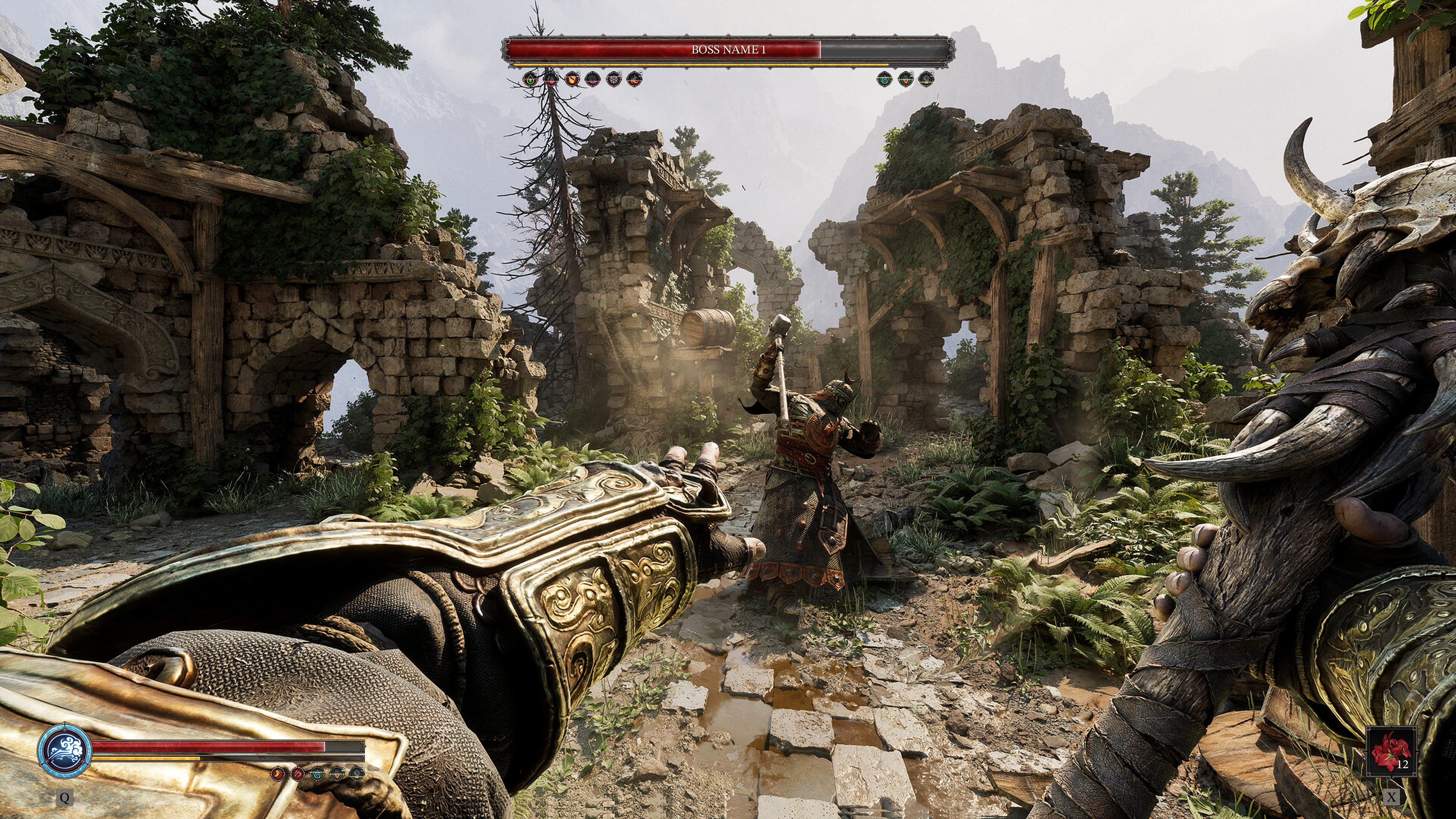 Work-in-progress interface work shown alongside the announced boss health bars and status effect displays