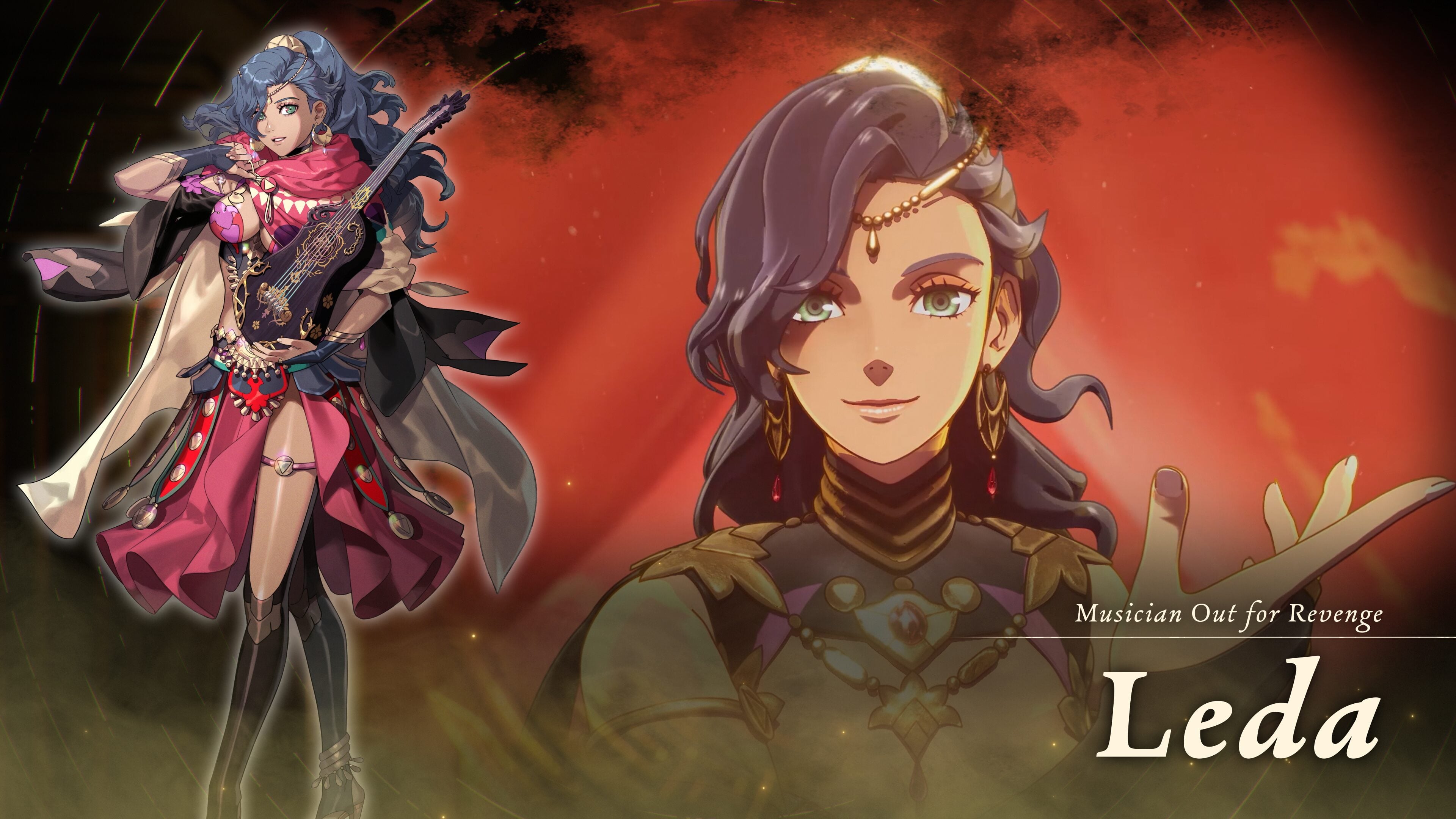 Character introduction card for Leda, the musician out for revenge, holding her vihuela