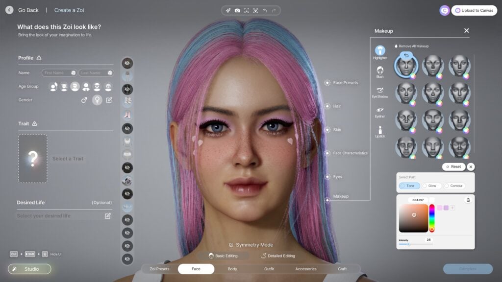 Highlighter and blush customization in inZOI's Create a Zoi makeup editor