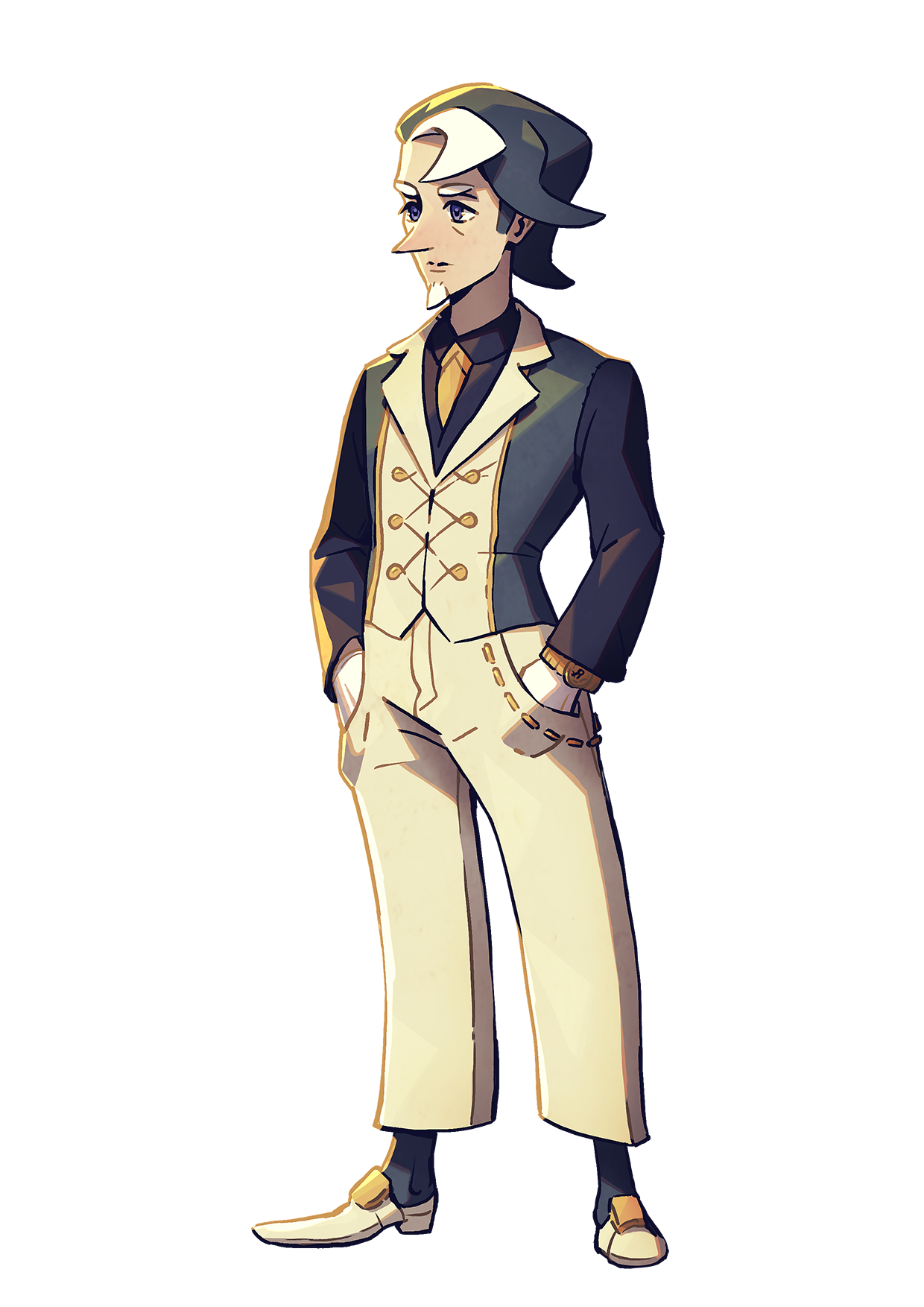 Official character art of Blanco, a tall man in a cream suit and dark jacket, introduced as the Historian and Entrepreneur