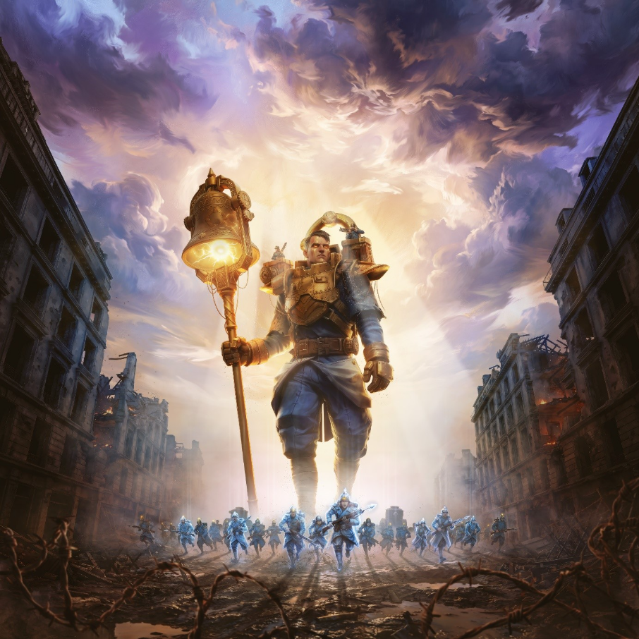 Solace carries a bell-topped staff while soldiers advance below him