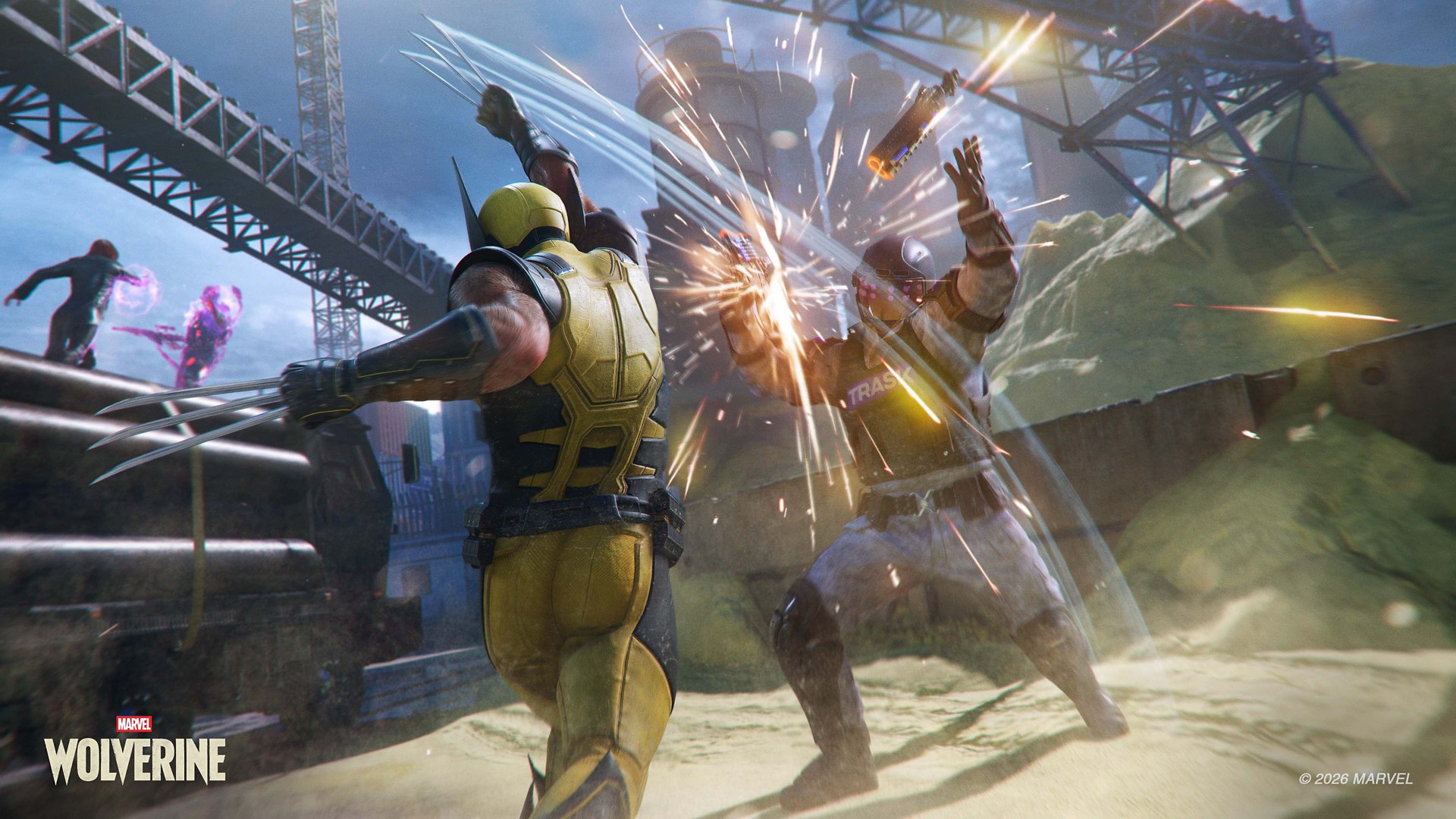 Wolverine slashes a Trask soldier beside the yellow sulphur pile on the Vancouver waterfront