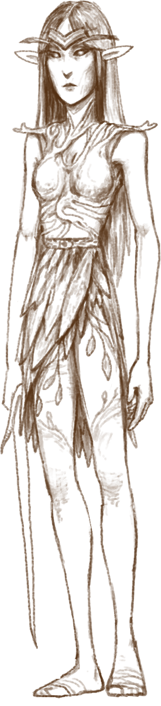 Concept sketch of a Wood Elf woman in ragged forest garb