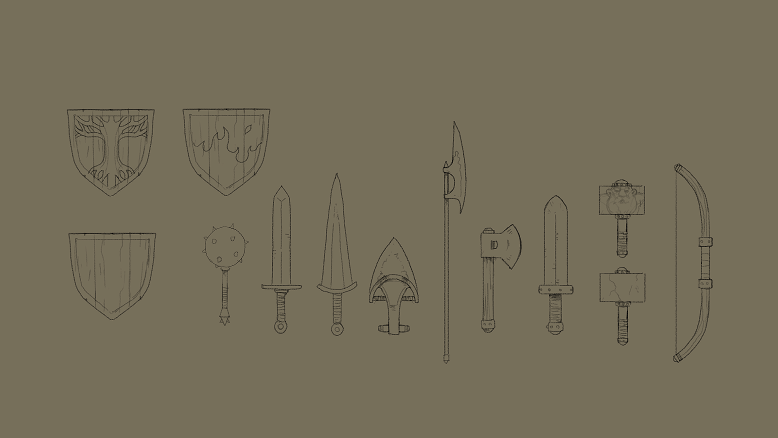Concept line art sheet of shield, sword, axe, mace and polearm shapes