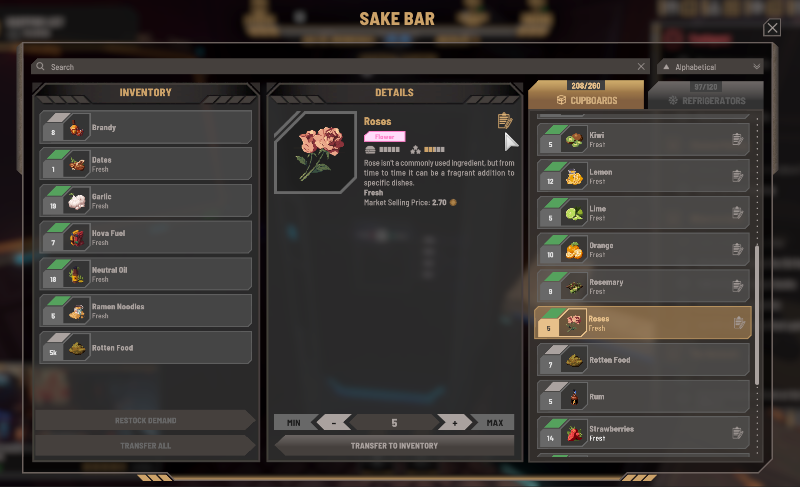 Venue inventory and transfer window showing player inventory, ingredient details for Roses, and venue cupboard and refrigerator storage