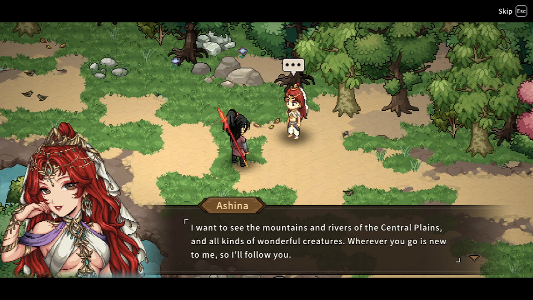 A woodland conversation between the protagonist and a companion, with her illustrated portrait in the corner and her dialogue box open beneath the pixel-art overworld