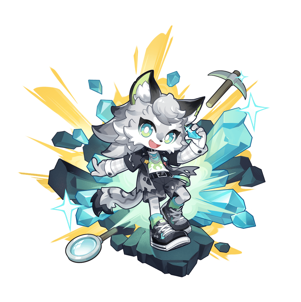 Rebella, the wolf Gemsmith Neighbor, holding a gem beside a pickaxe and crystals