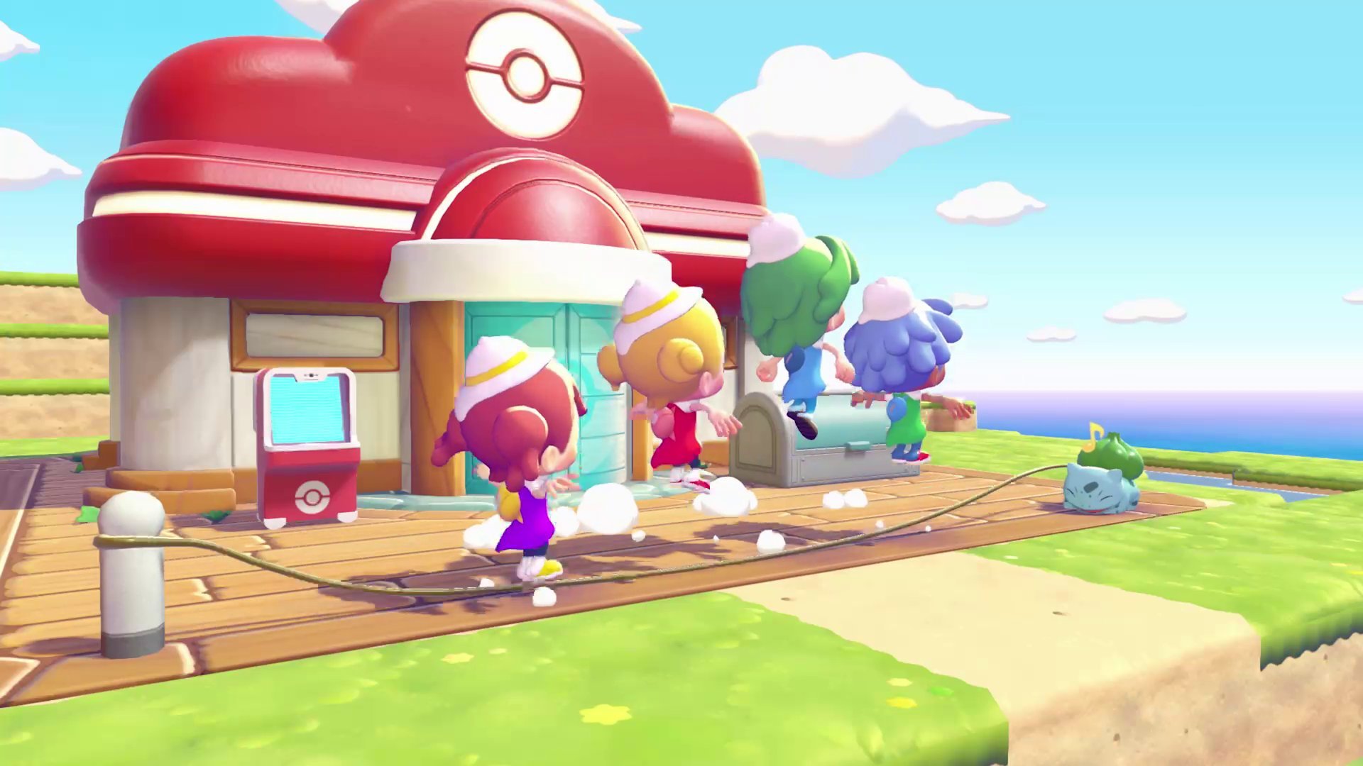 Multiple players gathered outside the Pokemon Center with Bulbasaur sleeping nearby, showing multiplayer hub activity