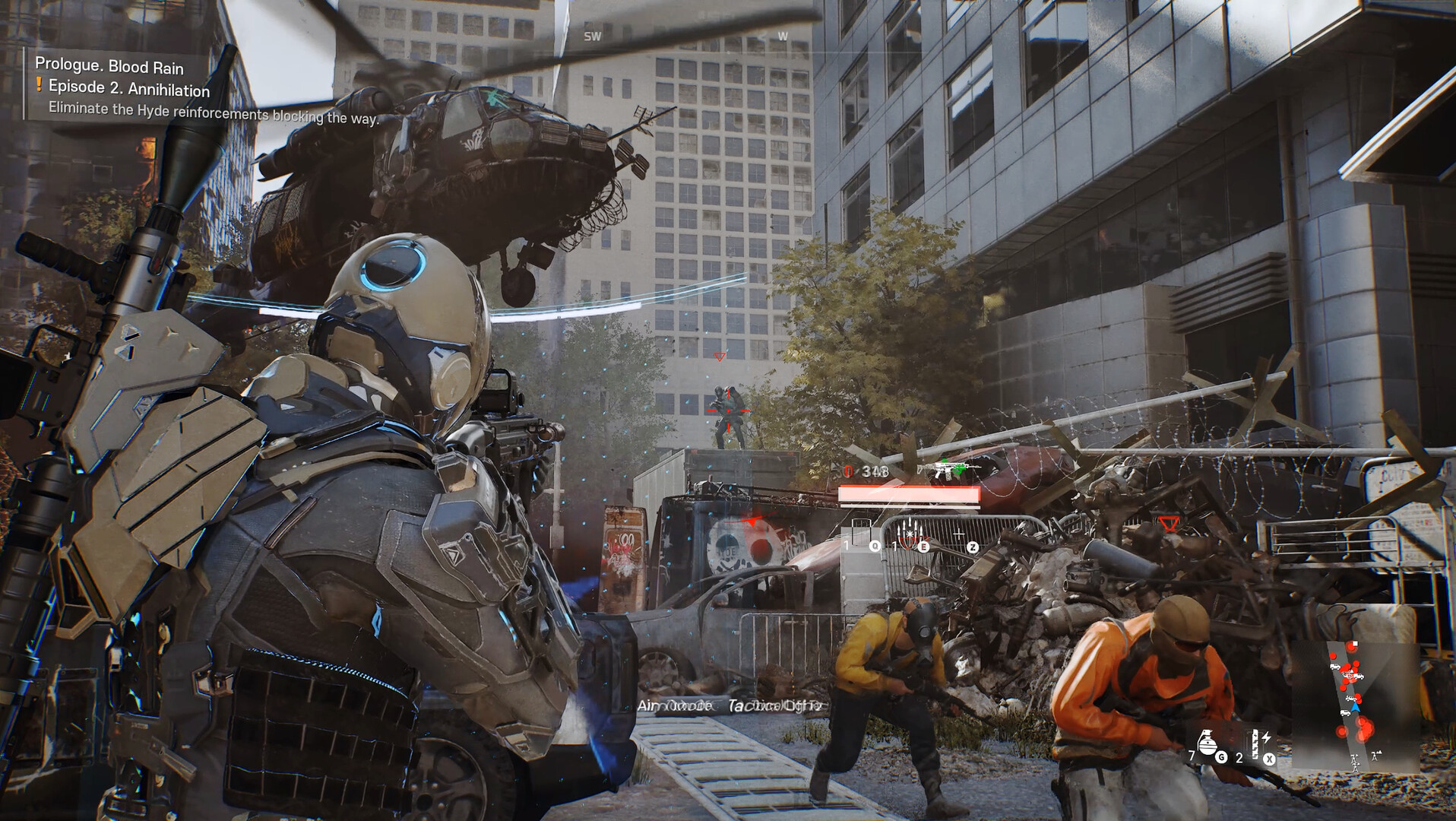 Cinder City third-person combat in a ruined Seoul street, with a heavily armored soldier facing hostile fighters and an aircraft overhead