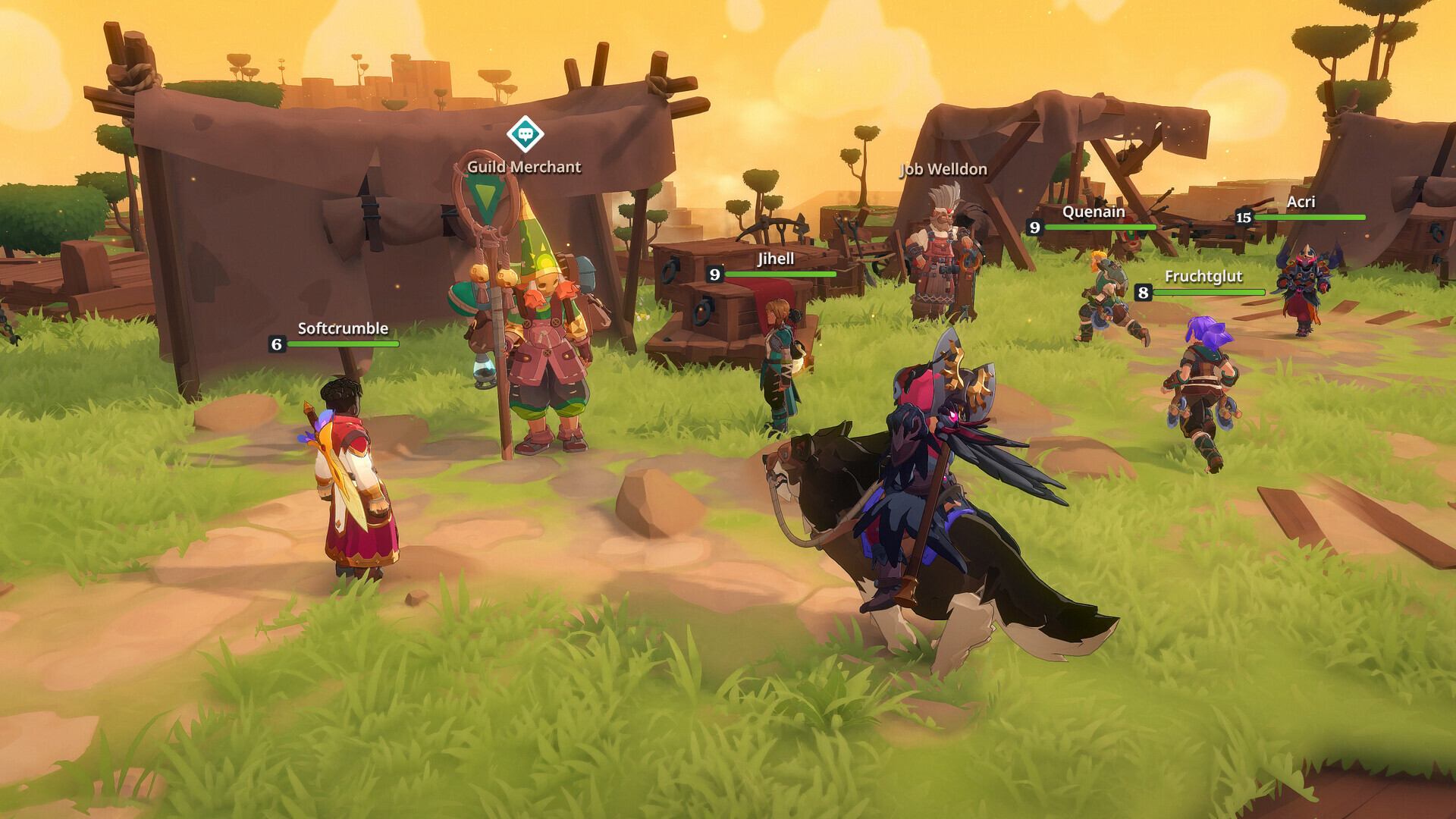 A camp in Siagarta with merchant and job NPCs, nearby enemies, and a player riding a boar mount.
