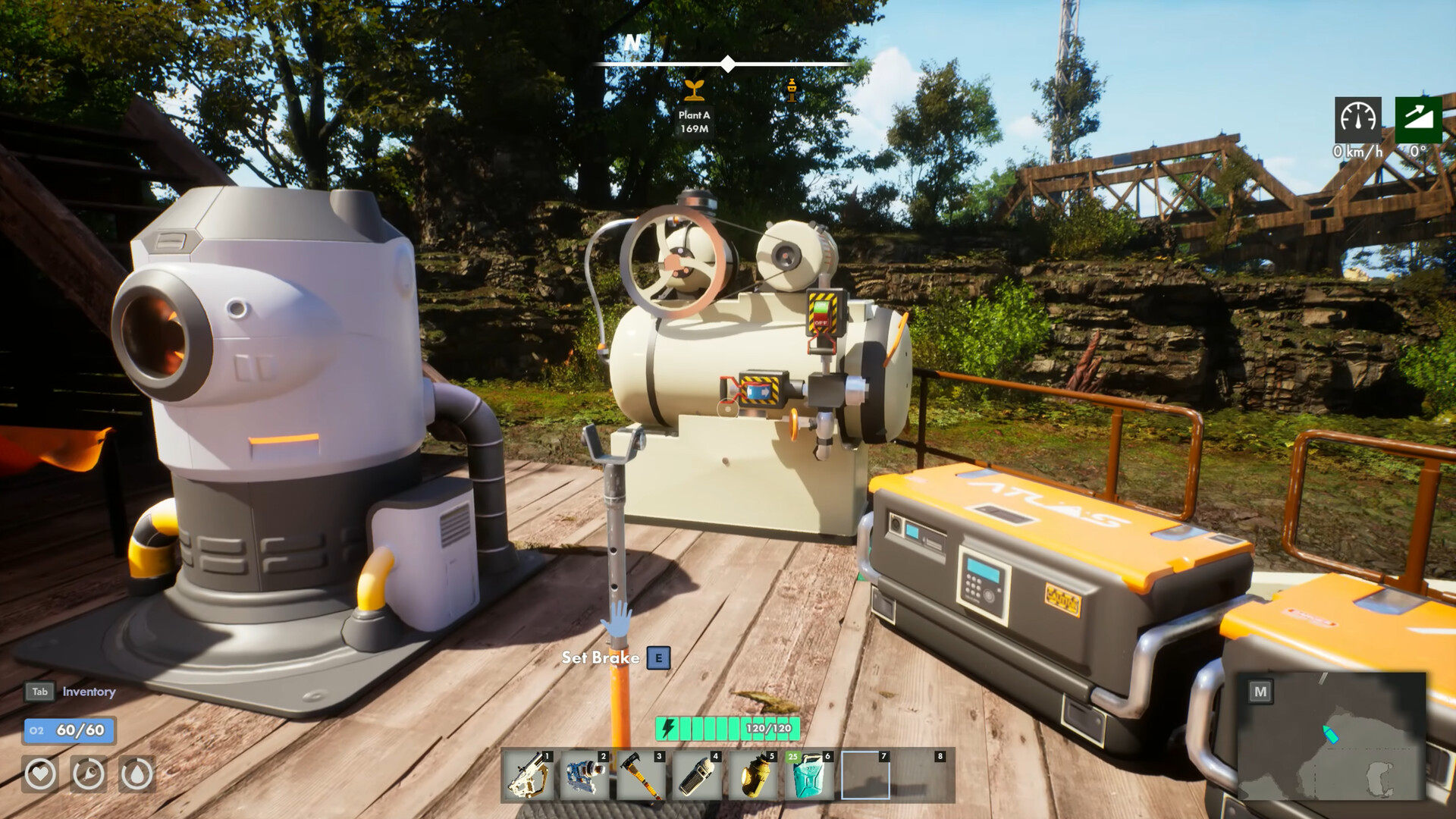 Machinery on a Railborn train deck including a boiler with a hand wheel, a brake lever prompting the player to set the brake, and orange supply crates stencilled with the Atlas corporation's name.