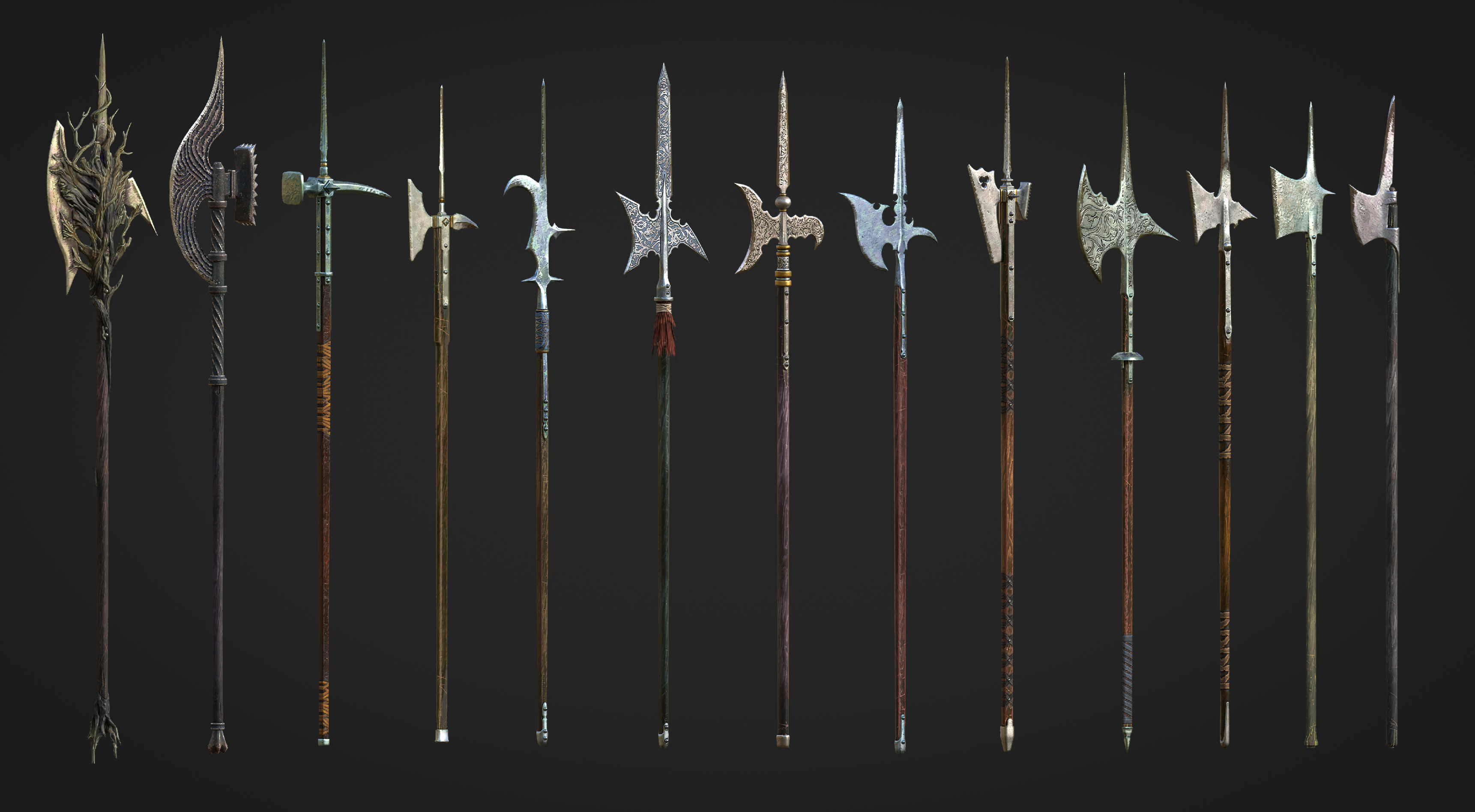 Work-in-progress halberd model sheet shown during Ashlands development