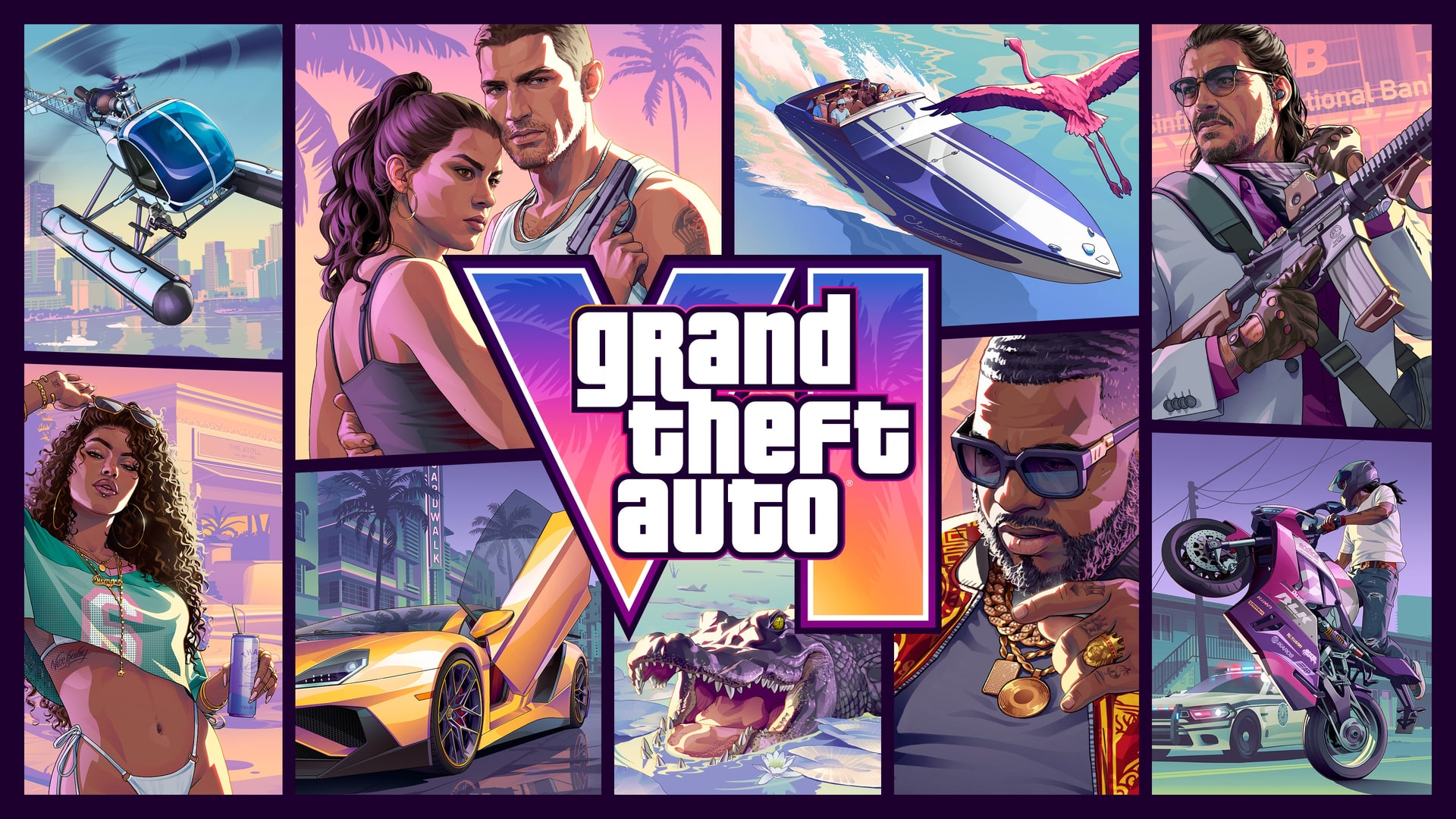 Official Grand Theft Auto VI Standard Edition cover art, a collage of character, vehicle and wildlife panels around the game logo