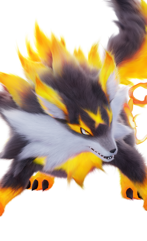 Official full-body artwork of the Aniimo Flameruff in its Mountain Woods Form, a Fire element DPS role creature