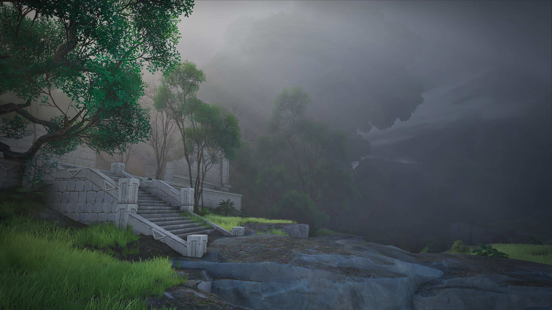 A dim stone stairway climbing into the fog and bare twigs of the Mistwoods