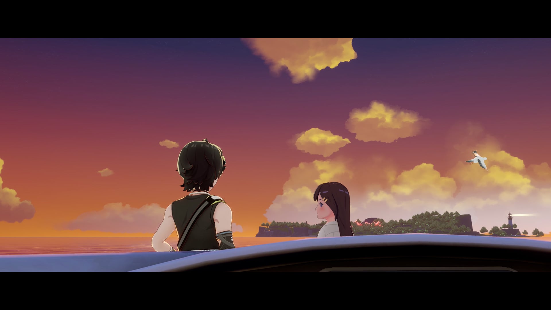 Two characters watching the sunset from a fishing boat with the island in the distance