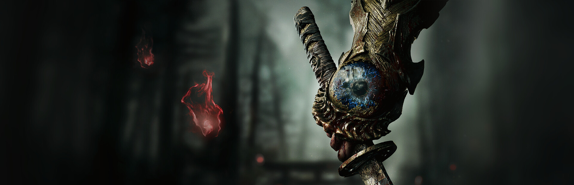 Close-up of the Oni Gauntlet with its blue eye open above a blood-streaked katana
