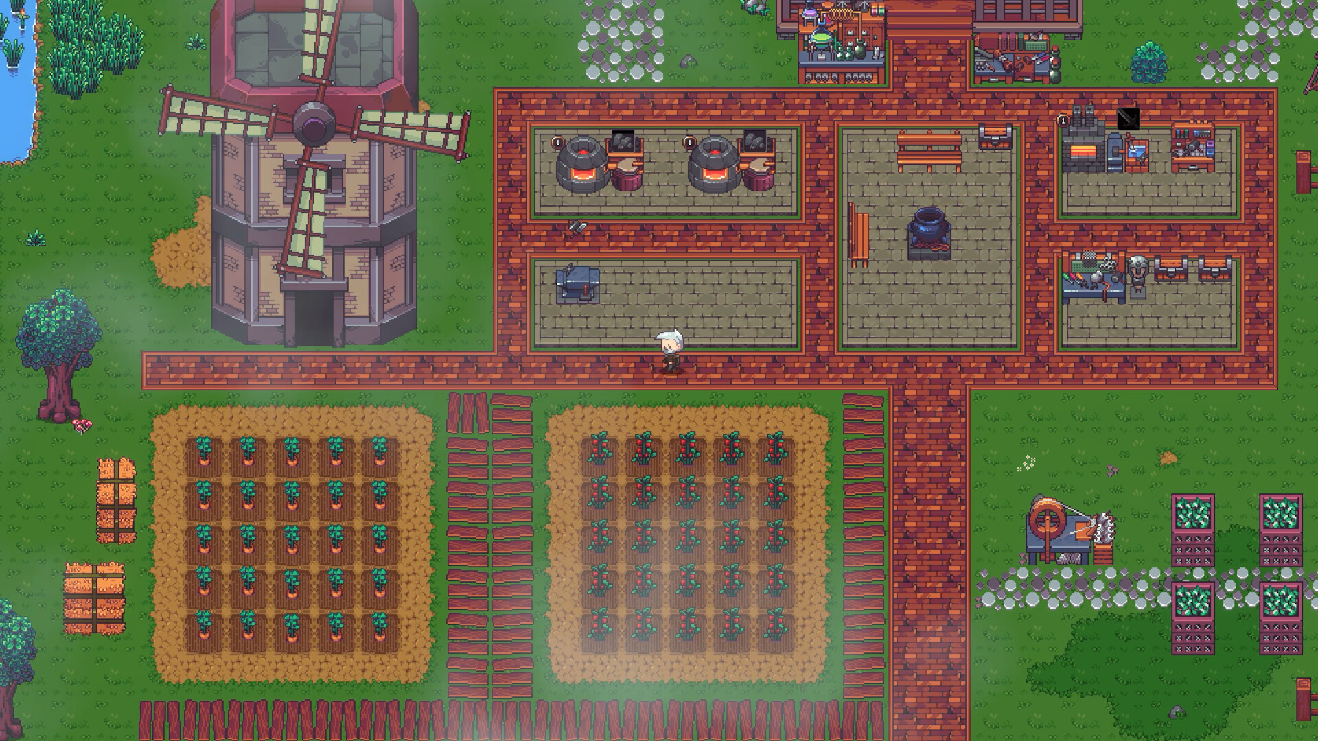 Crop fields, a windmill and crafting stations laid out along brick paths