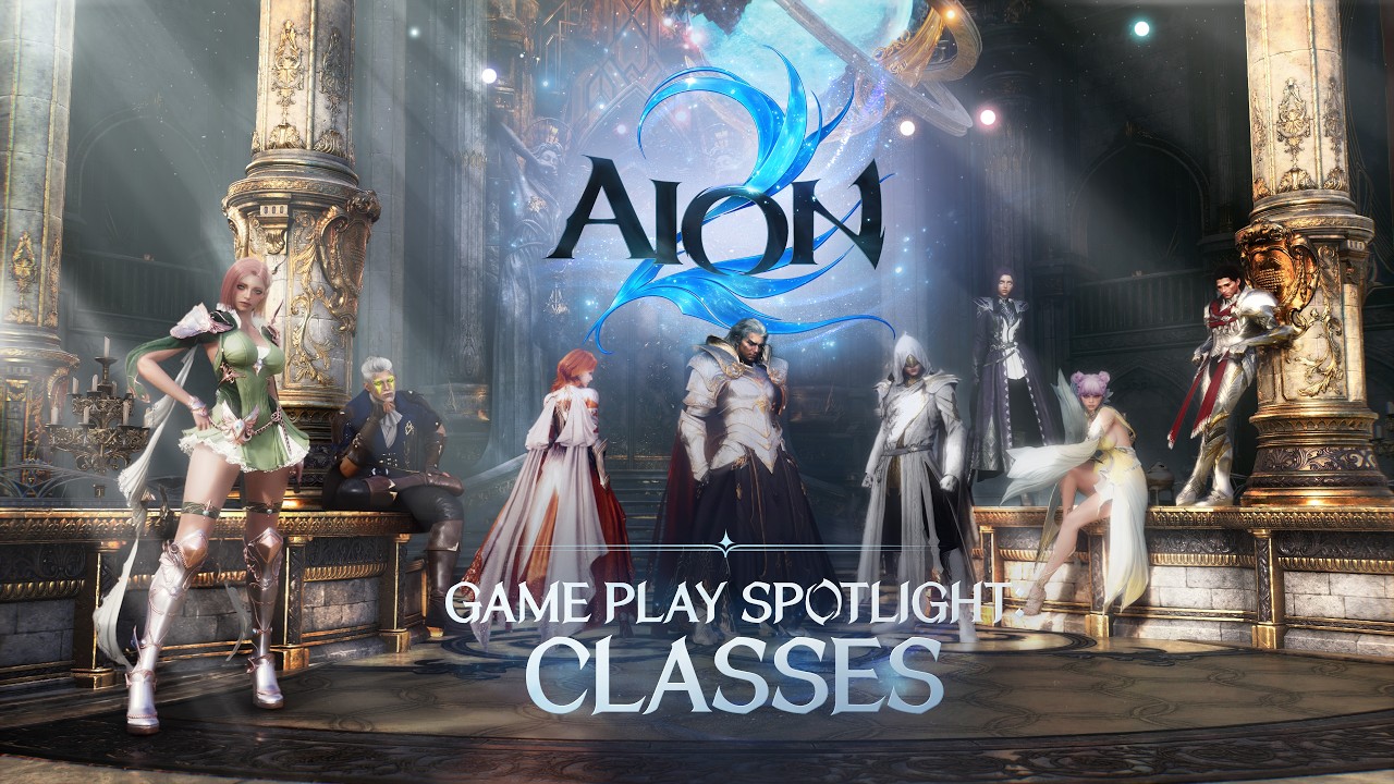 Characters of several classes posed in a marble hall beneath the AION 2 logo, titled Gameplay Spotlight Classes