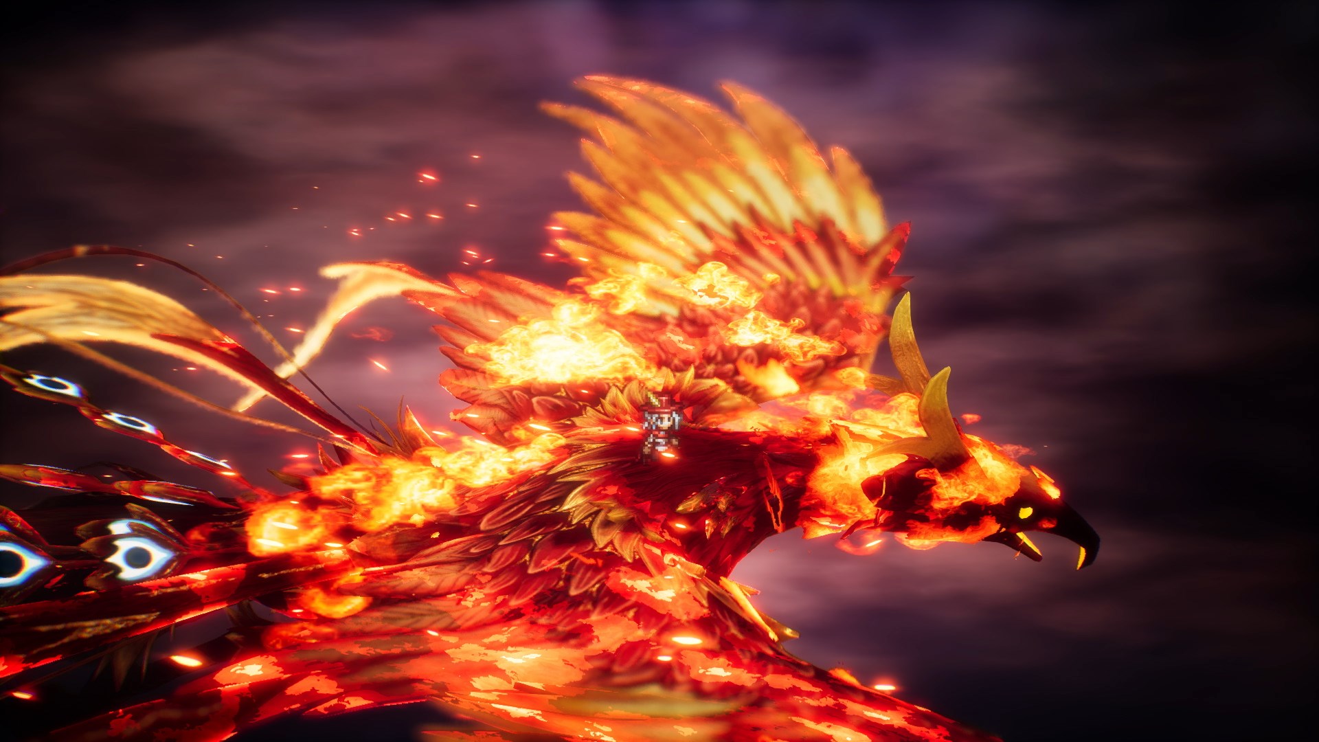 Elliot standing on the back of an enormous bird wreathed in flames as it flies through a dark sky