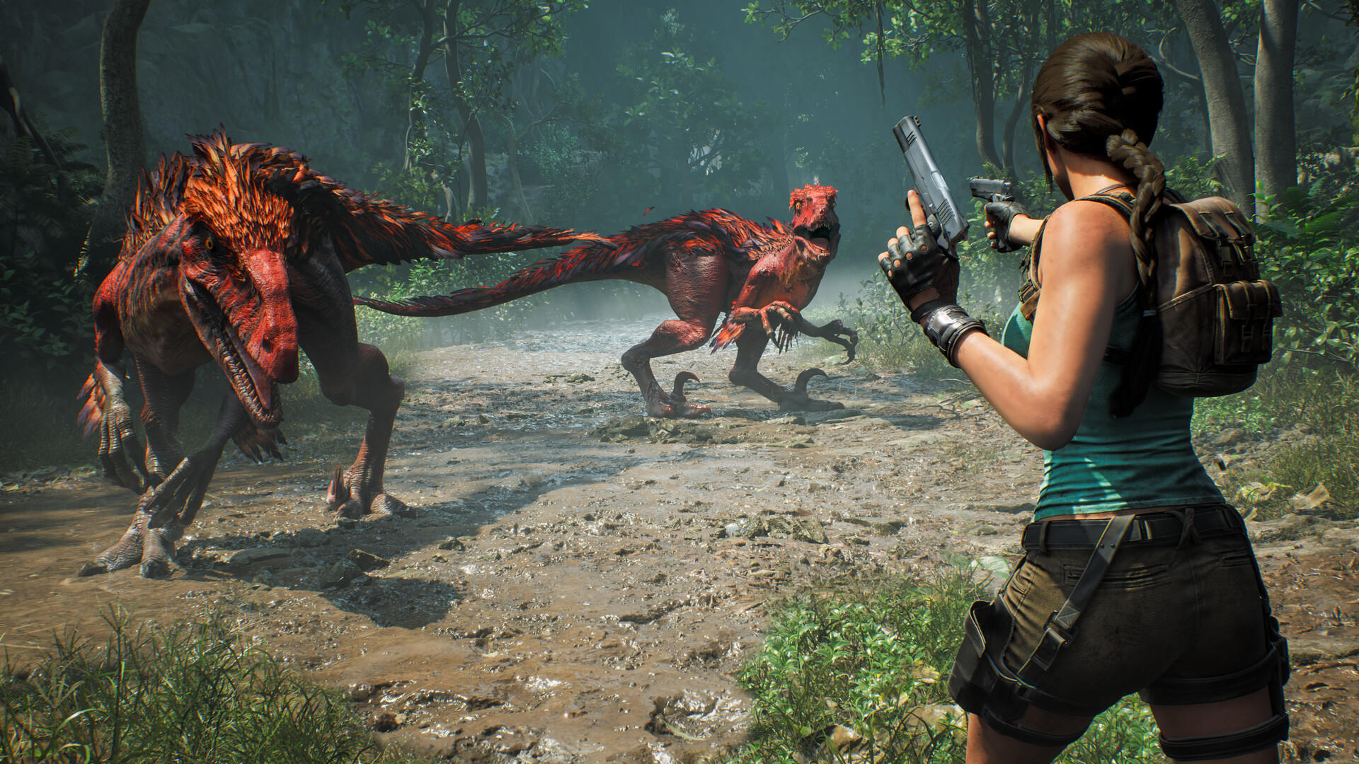 Lara Croft aims her dual pistols at two red-feathered velociraptors on a jungle trail in Peru