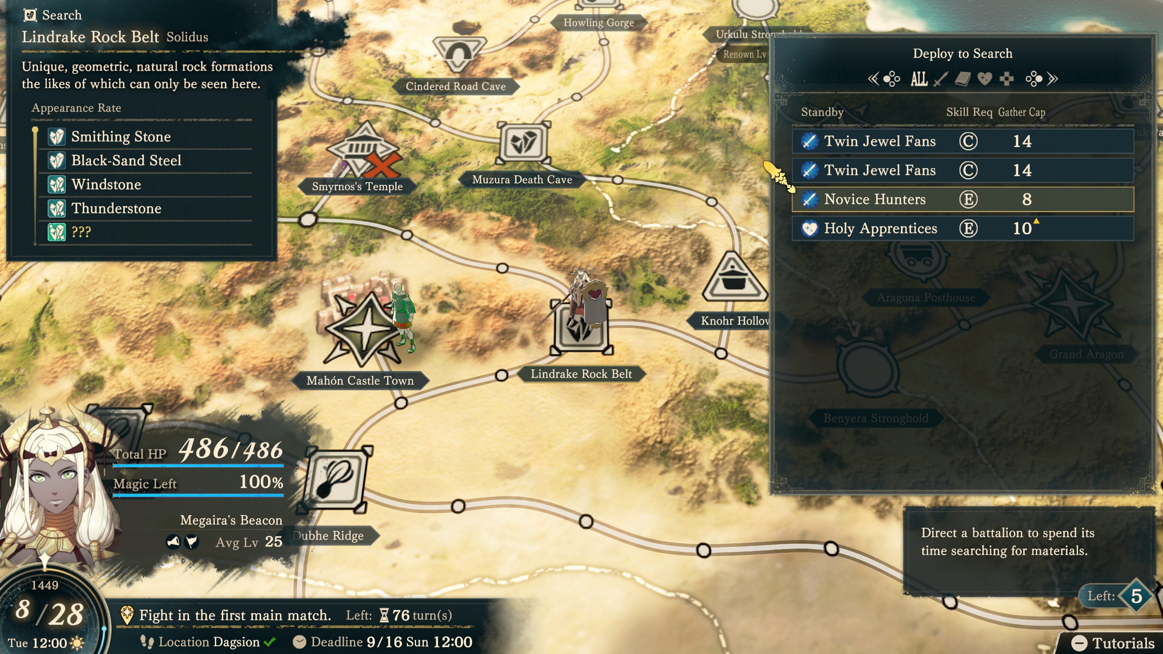 The overland Search screen with a material list for Lindrake Rock Belt and battalions ready to deploy