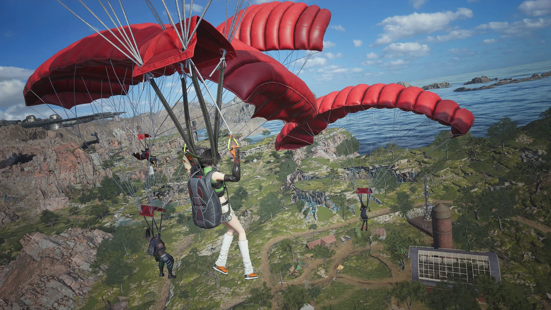 The party parachutes down over a coastline in Final Fantasy VII Revelation