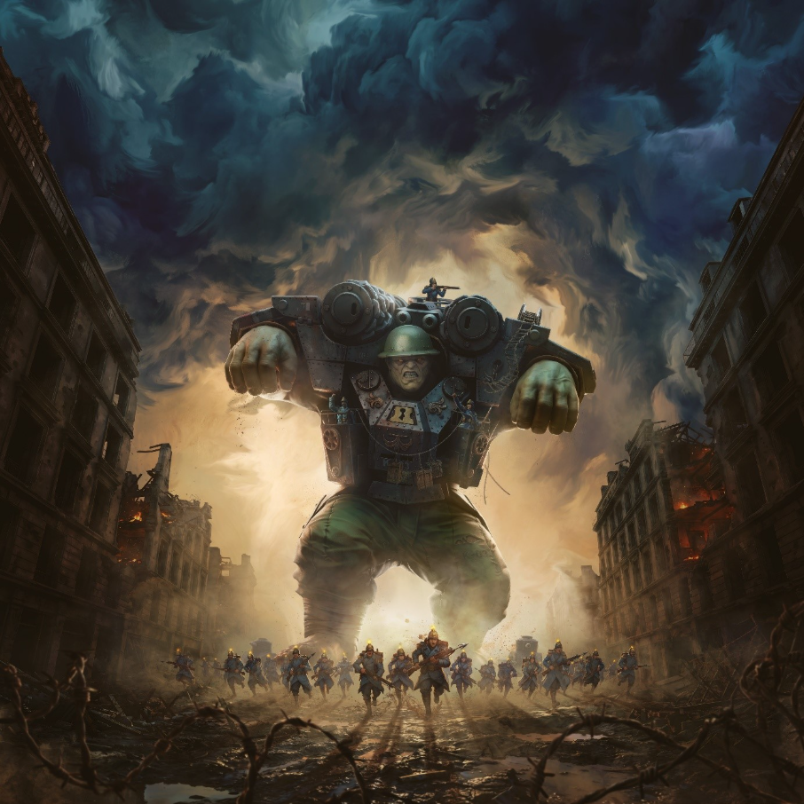 Kragg wears a massive armored war-shell above advancing soldiers