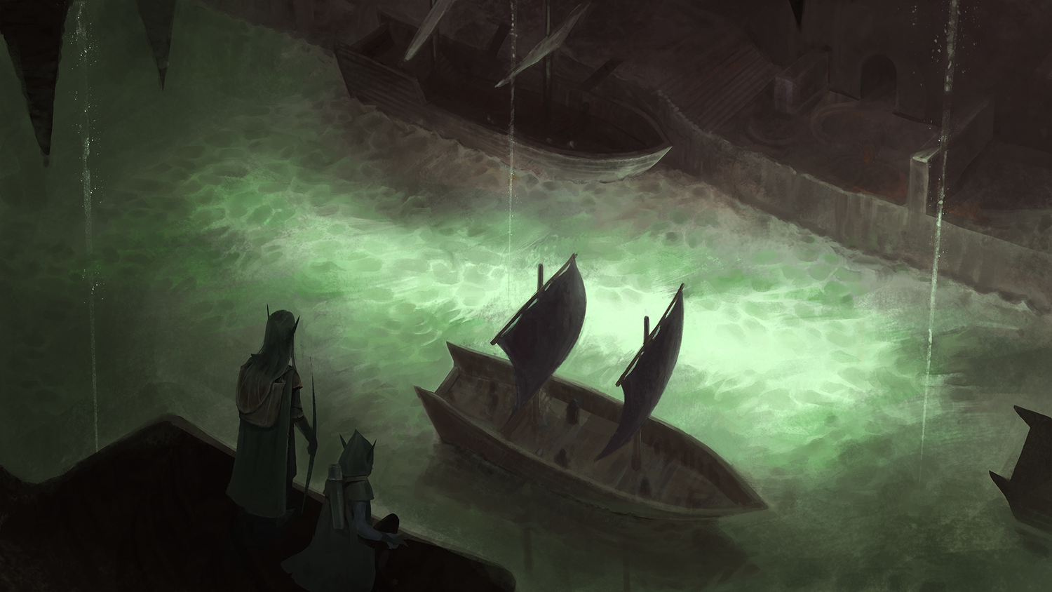 Illustration of small boats crossing green mist covered water beside a stone wall