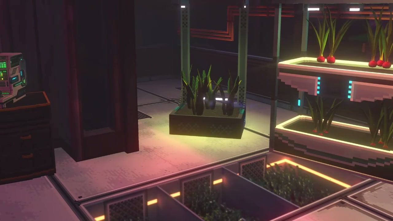 Greenhouse interior from the official gameplay video, with lit grow beds of radishes and leafy crops and a control terminal beside the door