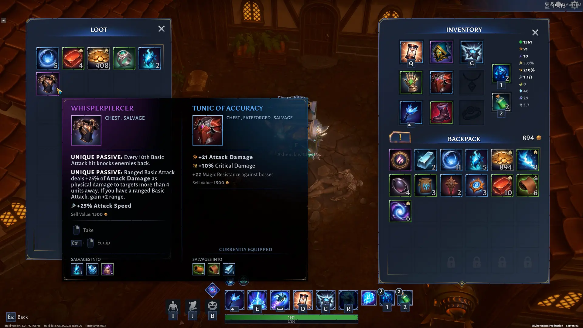 Loot and inventory panels with an equipment comparison in a September 24, 2026 build.